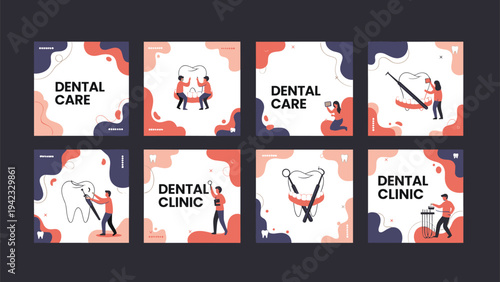 Set of dental care and clinic service illustrations featuring tooth characters dentist procedures cleaning whitening and professional checkups.