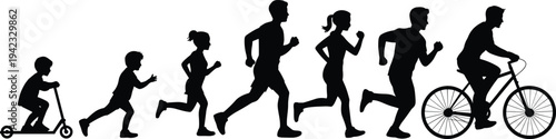 Human life stages silhouette set from child on scooter to running adults and cyclist isolated on white background, evolution of activity and fitness concept