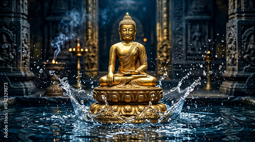 Golden Religon Budha Statue in Splashing Water with Incense Smoke
