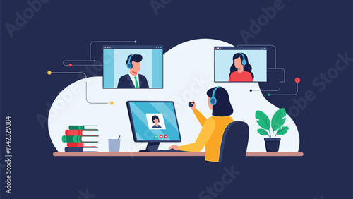 Remote work and communication illustration featuring a woman sitting at her desk attending multiple video calls on a large computer screen.