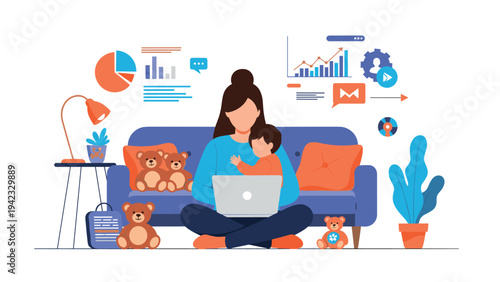 Remote work and parenting illustration showing a woman working on a laptop while sitting on a sofa and holding her young child at home.