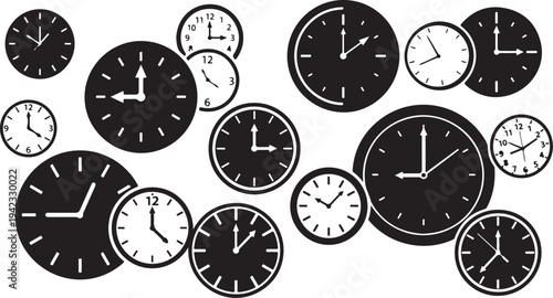 Collection of various analog clocks on white background illustration