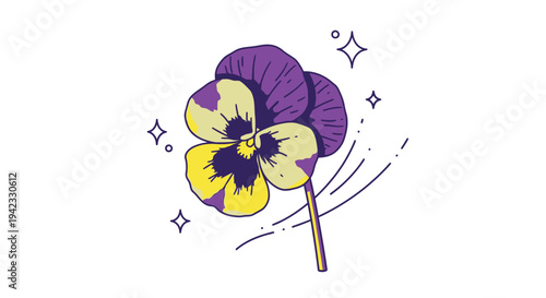 Vibrant Pansy Flower Illustration with Sparkling Accents and Detailed Design.