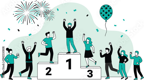 Business team celebrating winner on podium with fireworks and confetti, leadership success concept, corporate achievement, teamwork victory illustration with first second third place ranking