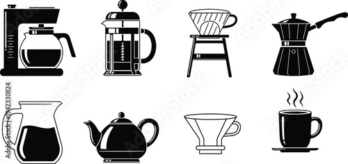 Coffee brewing equipment icon set including coffee maker french press pour over moka pot teapot cup and pitcher black silhouette vector collection