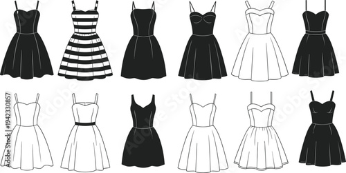 Collection of women dress silhouettes set with elegant sleeveless and strap designs black and white fashion outfit vector illustration isolated clothing styles