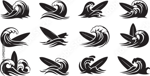 Surfing icons with wave and surfboard graphics in black