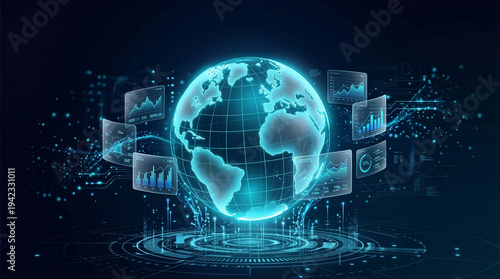 Digital global network with glowing earth hologram and data screens, representing worldwide business intelligence, financial analytics, environmental monitoring, and future technology.