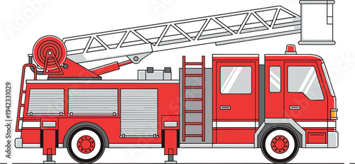 Fire truck with extended ladder emergency rescue vehicle illustration, firefighting equipment transport, city fire department service truck vector isolated on white background