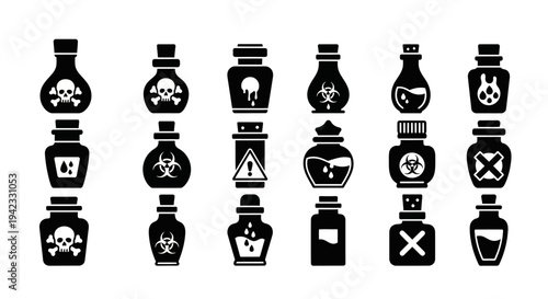 Various poison bottles with warning signs and hazardous substance symbols displayed on a clean white background from a straight-on viewpoint