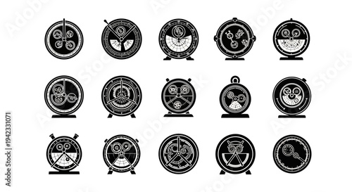 Collection of various stopwatch and timer icons in black and white, presented in a grid layout, showcasing different designs and styles.