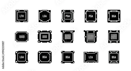 Collection of Various Microchip Icons Displayed in Grid Format on White Background from Direct Viewpoint