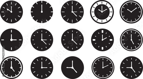 Collection of various analog clock faces in black and white