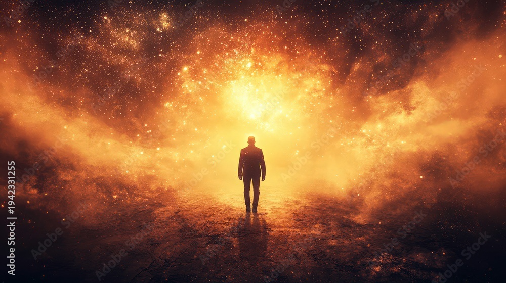 Fototapeta premium Person approaches glowing light in spiritual journey through space and time