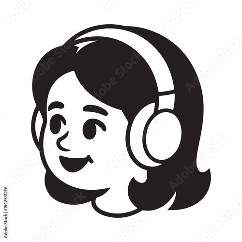 A black and white illustration depicts a smiling woman wearing large headphones looking forward