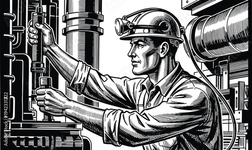 Industrial worker operating machinery in factory vintage engraving style illustration mechanical engineer technician working with equipment manufacturing industry concept vector