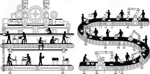 Industrial manufacturing assembly line with workers and robotic arms on conveyor system, factory automation process, production workflow, engineering technology, mass production concept illustration