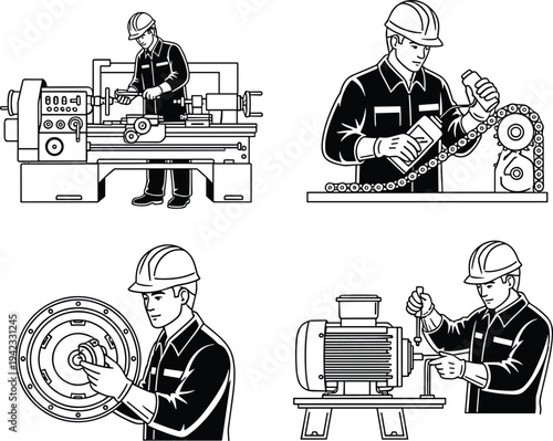 Industrial workers operating machinery and performing mechanical maintenance vector illustration set with lathe machine chain lubrication motor repair and engineering technician activities