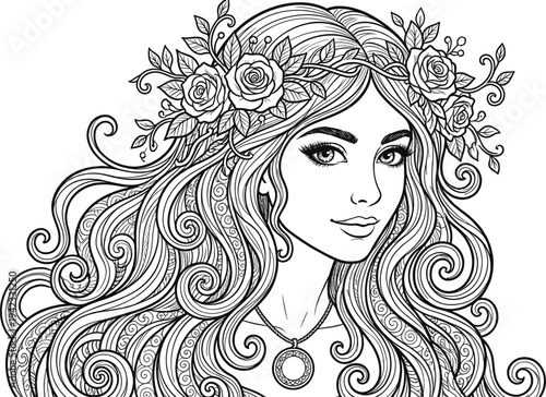 Beautiful Woman Portrait with Floral Crown Line Art Illustration Elegant Girl with Flowing Hair Botanical Coloring Page Design