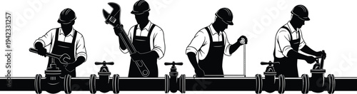 Industrial workers repairing pipeline with tools plumber technicians fixing water pipes maintenance engineering service silhouette vector illustration set