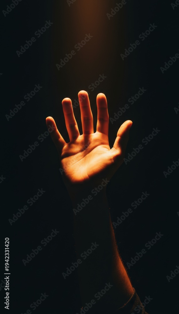 Fototapeta premium Open hand reaching into dramatic spotlight