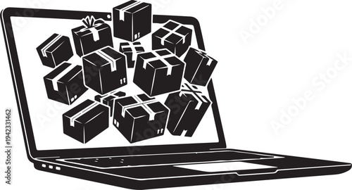 Laptop screen displays multiple wrapped gift boxes floating out