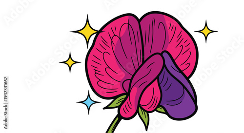 Vibrant Sweet Pea Flower Illustration with Sparkling Accents.