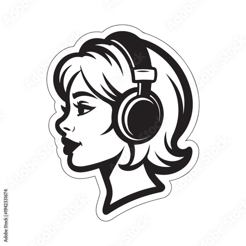 A stylish black and white illustration of a woman wearing headphones in profile view