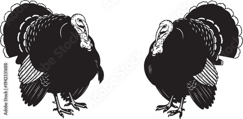 Black and White Illustration of Two Turkeys Side by Side