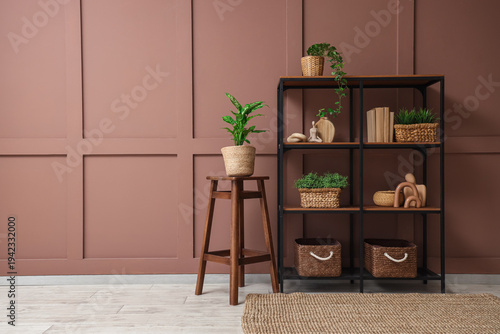 Bookshelf with wicker baske...