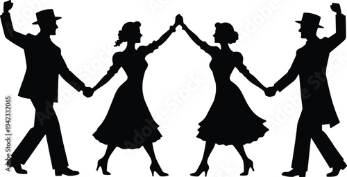 Silhouette of elegant couples dancing vintage ballroom waltz, retro men and women in formal attire, classic swing dance partners isolated on white background illustration