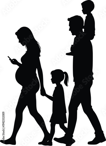 Silhouette of Pregnant Mother Using Smartphone Walking with Family, Father Carrying Son and Holding Daughter Hand, Black Isolated Figures on White Background Concept