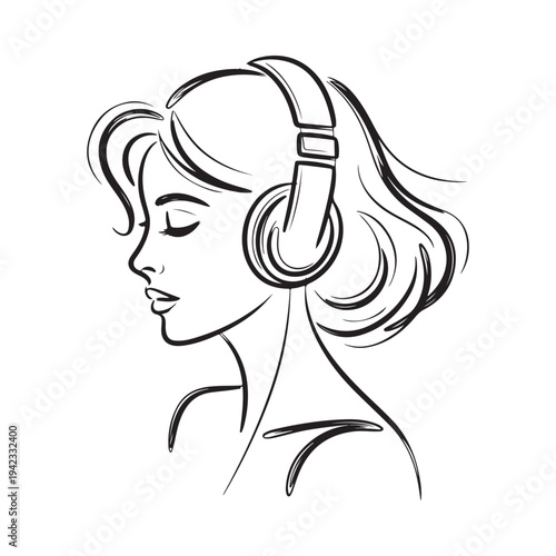 A stylish woman with flowing hair enjoys listening to music with large headphones in this sketch