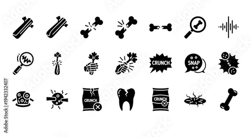 Set of vector icons representing medical and physical trauma, broken bones, and diagnostic tools for illustration purposes