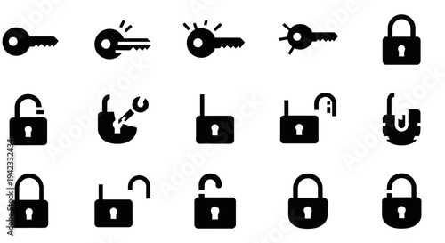 Collection of lock and key icons representing security, access, and protection in a digital or physical context