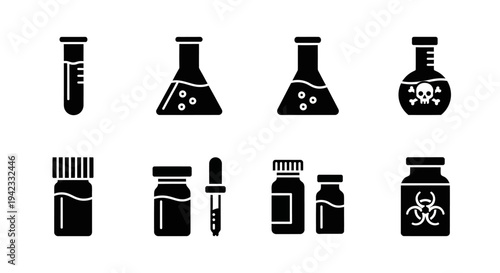 Collection of Laboratory Equipment Icons Beakers, Vials, Droppers, and Test Tubes for Scientific Research