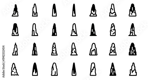 Collection of various simple outlines of rock formations, isolated on a white background, representing geological structures