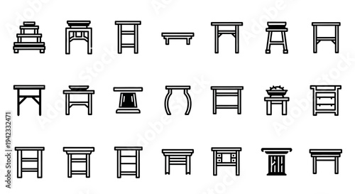 Collection of Various Table Icons and Furniture Designs in a Pixelated Style