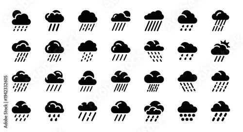 Collection of Weather Icons Representing Different Types of Rain and Clouds for Forecasting and Meteorology