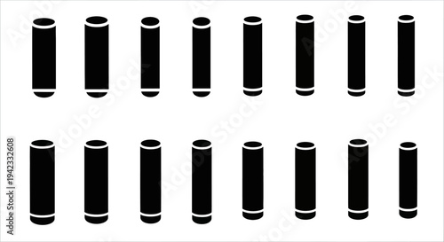 A collection of black cylindrical shapes arranged in two rows, appearing as abstract representations of data or components