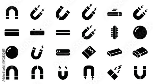 Collection of various magnetic symbols, including horseshoe magnets, bar magnets, and spherical magnets, illustrating principles of magnetism and physics
