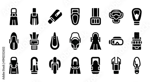 Collection of futuristic sport and leisure equipment, abstract icons and symbols of advanced technology and sports gear