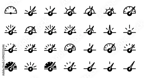 Collection of speedometer icons indicating different levels of speed and performance metrics, perfect for dashboards and user interfaces
