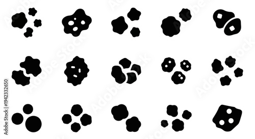 Collection of abstract clusters and scattered groups of small rounded shapes, illustrating amorphous patterns and organic forms in a minimalist design