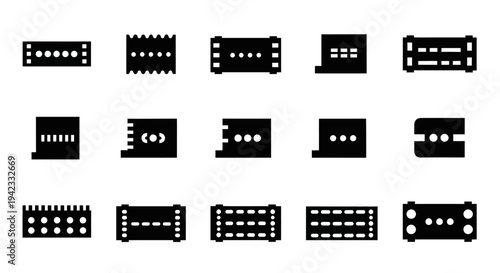 Set of diverse black and white icon representations of electronic connectors and ports, ideal for technical diagrams and data visualization