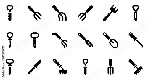 Collection of Silhouette Icons Representing Various Gardening Tools and Utensils for Cultivation and Agriculture
