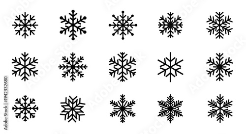 Collection of diverse snowflake icons, symbolizing winter, frost, and the beauty of frozen patterns