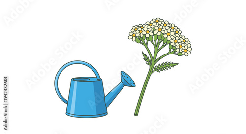 Watering Can and Yarrow Flower Illustration for Gardening Concepts.