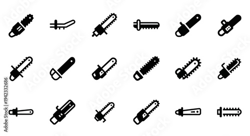 A collection of various chainsaw icons with different handles and blade lengths for design projects