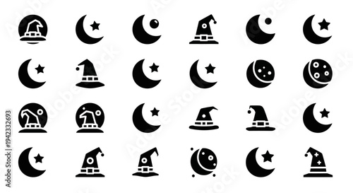 Set of 25 Moon and Witch Hat Icons A Collection of Celestial and Magical Themed Graphics for Various Design Projects